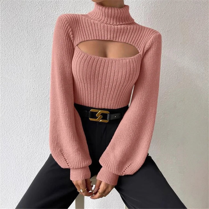 Dame strikbluse med cut-out design og høj krave Stilla