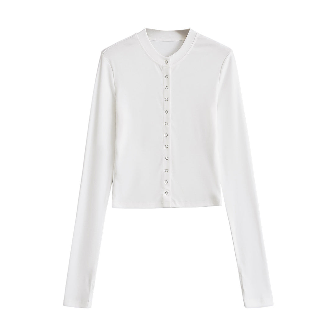 Dame cropped Langærmet skjorte med elegant knapliste og fint ribbet materiale Stilla