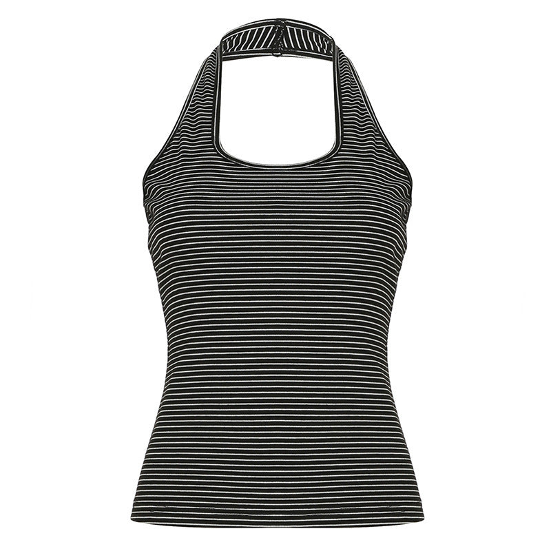 Dame Sporty Haltertop med bred krave og fine striber Skovae
