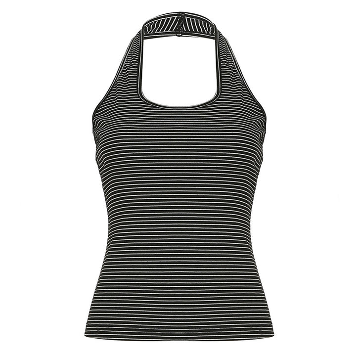 Dame Sporty Haltertop med bred krave og fine striber Skovae