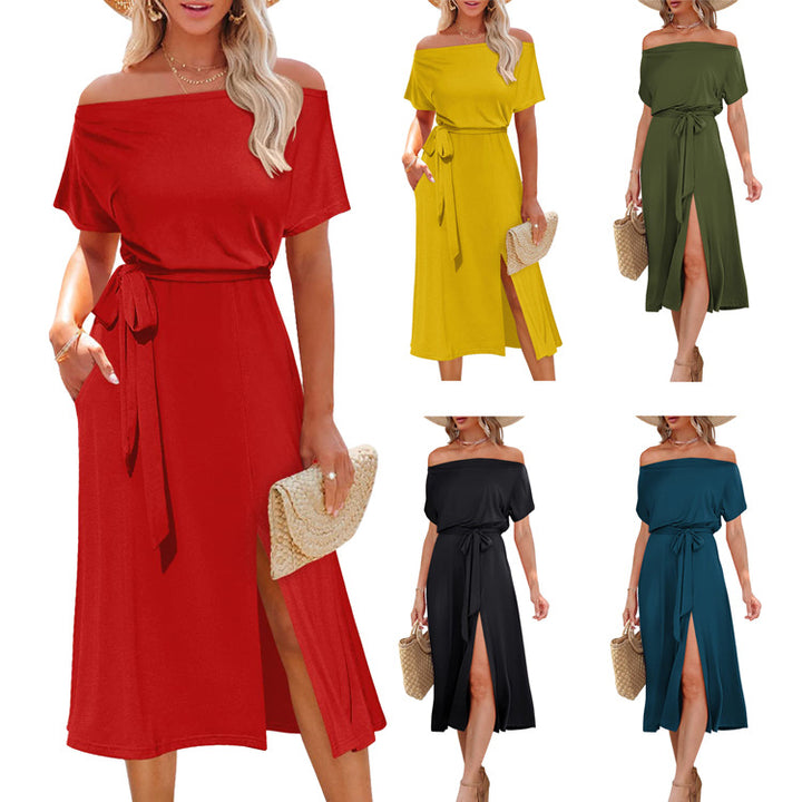Dame elegant Midi-kjole med split og off-shoulder design Stilla