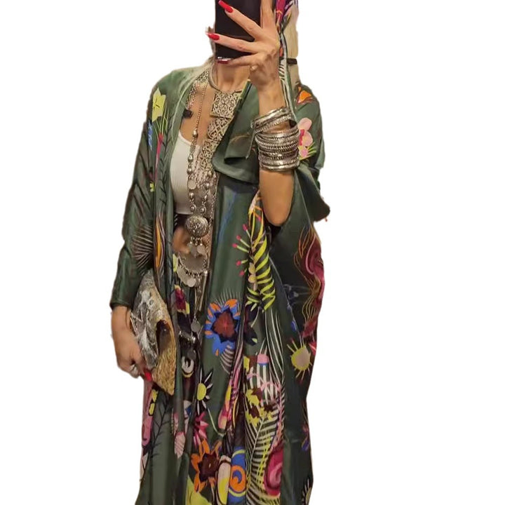 Dame nan ekstravagante Maxi-Kaftan-sæt med brede kimonoærmer, udvidede palazzo-bukser og udtryksfuld blomsterprint Skovae