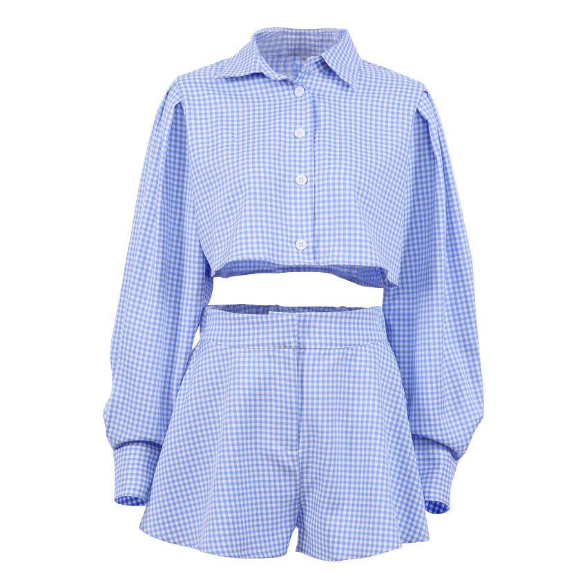 Dame sæt bestående af cropped skjorte og horteln shorts i ternet design Stilla