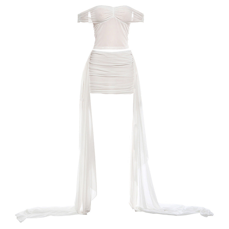 Dame Off-Shoulder Minikjole med flydende chiffon og rynkning Skovae