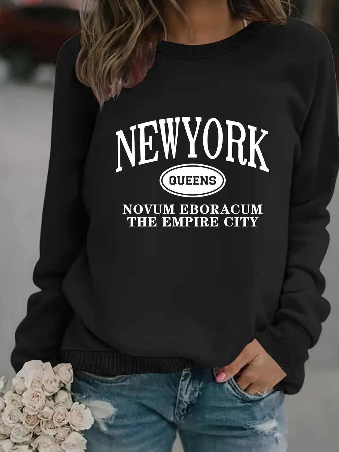 Kvinders sweatshirt med stilfuld New Yorker tekst Stilla