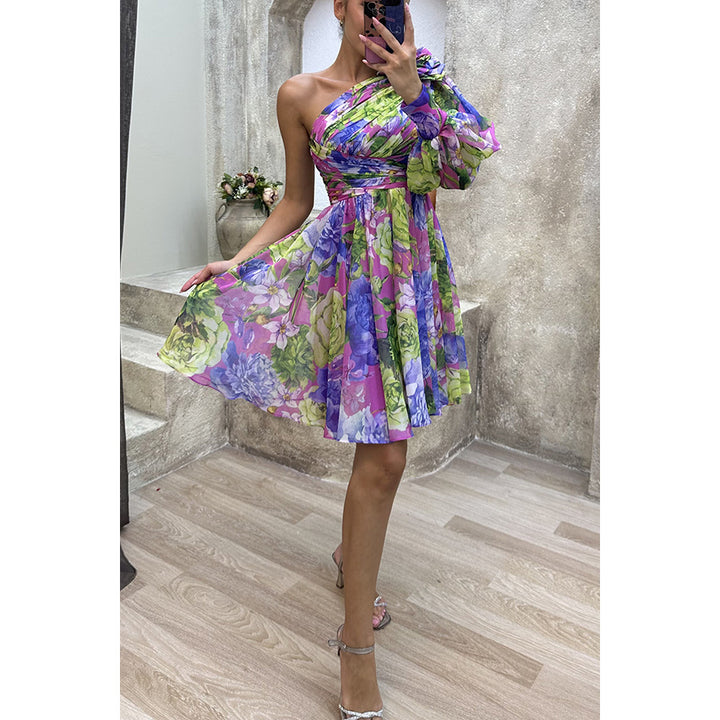 Dame One-Shoulder Kjole med blomstertryk og elastisk talje Stiila