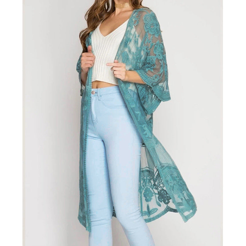 Dame luftig Crochet-Kimono med blomsterdetaljer Stilla