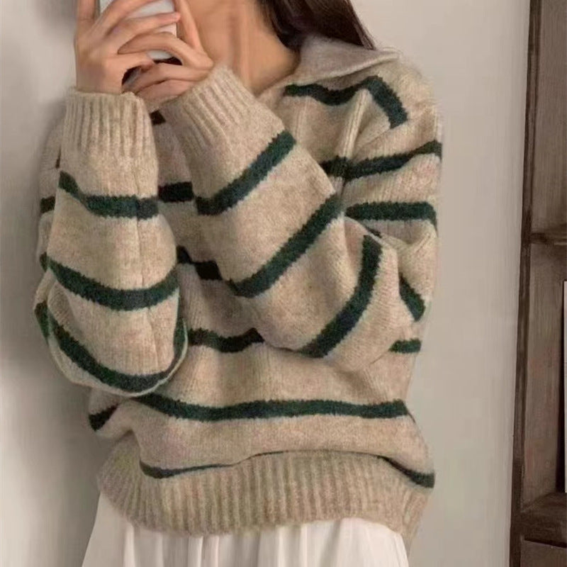 Kvinder Elegant Sweater med Stribet Mønster og Krave Stilla