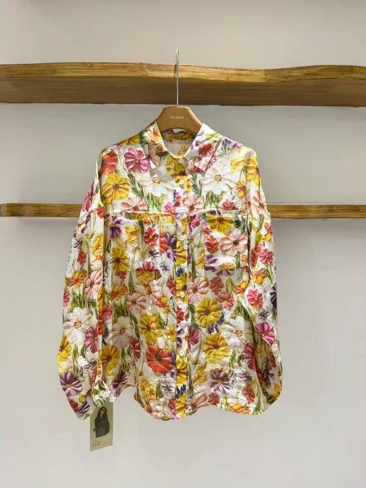 Dame Floral Print Tekstureret Knappet Skjorte Stilla