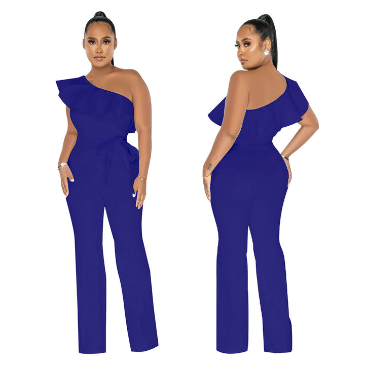 Dame Elegant One-Shoulder Jumpsuit med Rynke Detaljer og Taljebælte Stilla