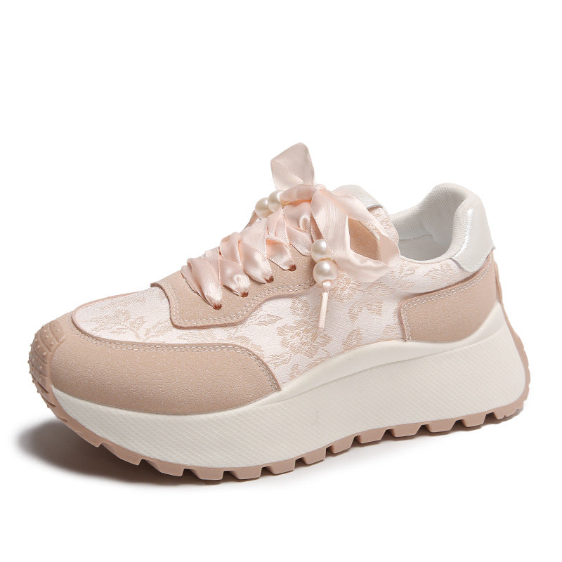 Dame Sporty Plateau-Sneakers med elegante satin-snørebånd og floral overfladestruktur Stilla