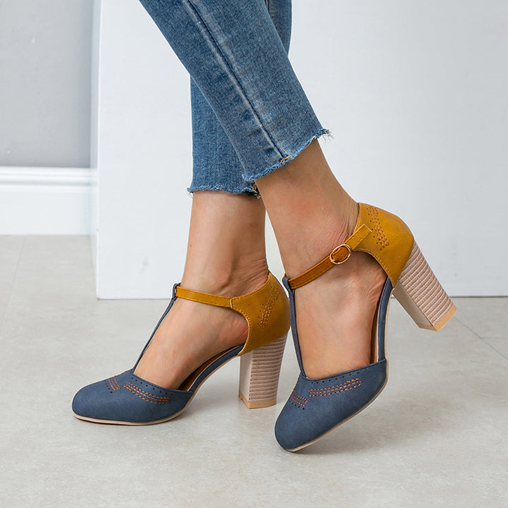 Dame elegante retro-pumps med t-strop og blokhæle Stilla