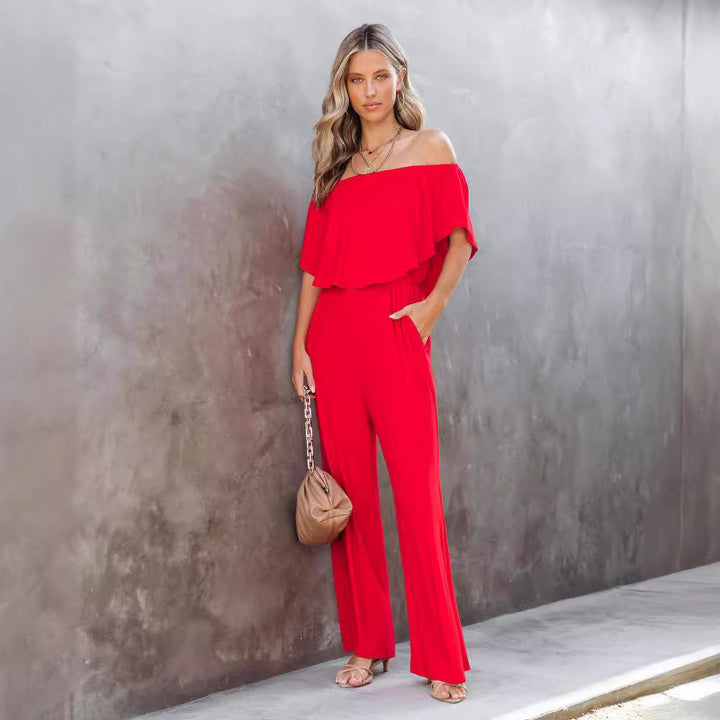 Dame Off-Shoulder Jumpsuit med bred ben og elastisk talje Skovae