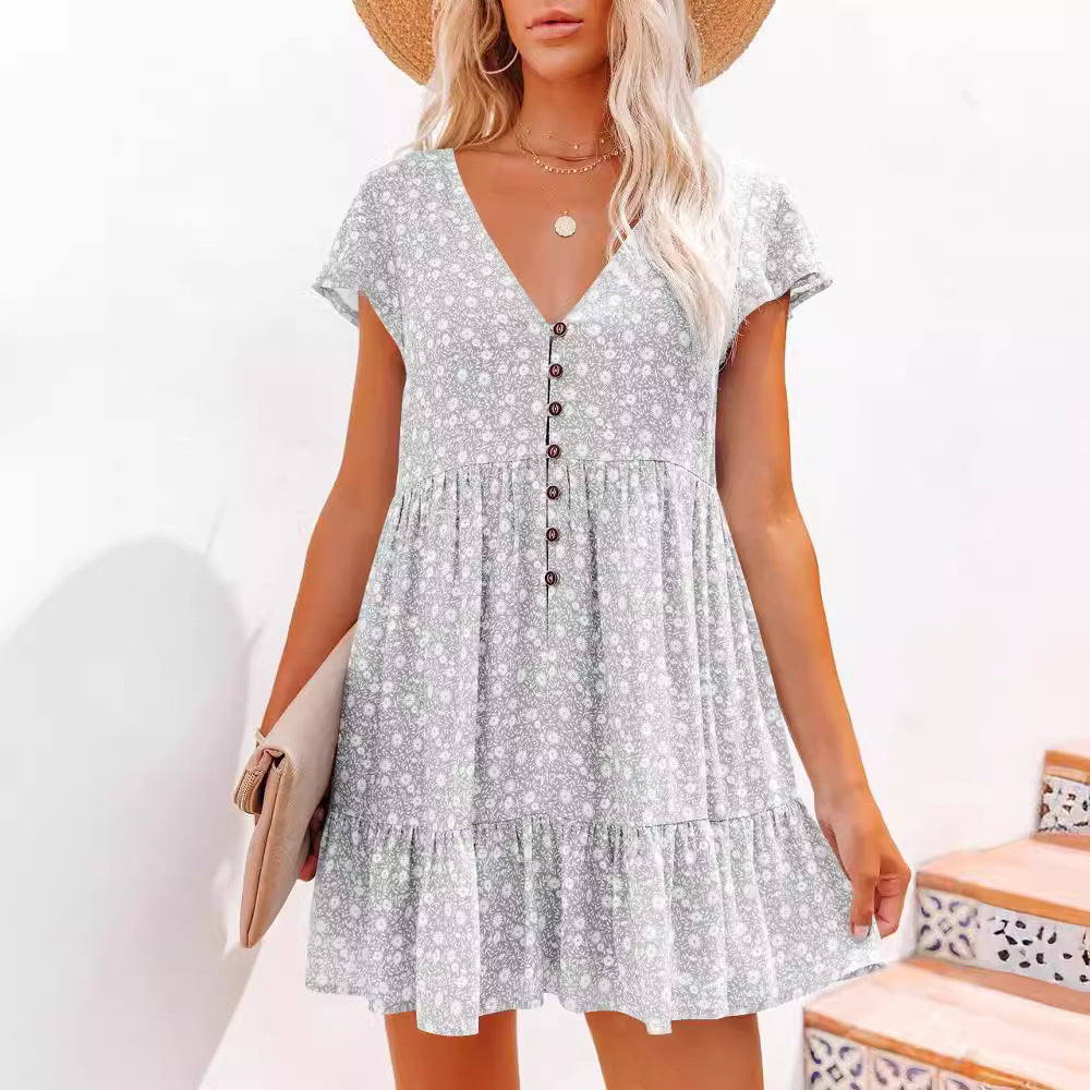 Dame blomsterprint knap-ned mini kjole Stilla