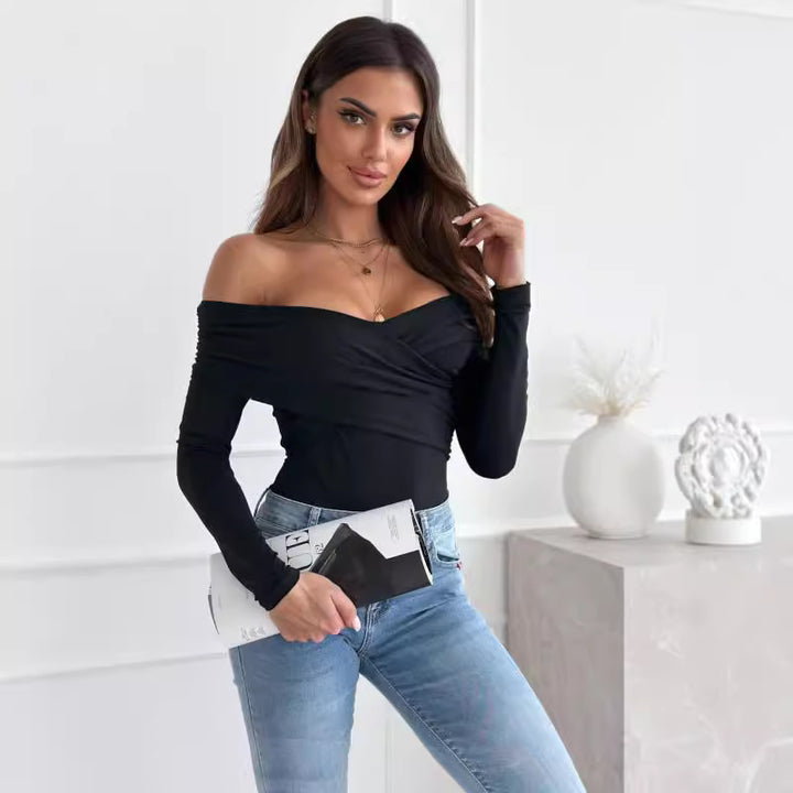 Dame Off-Shoulder Rynket Langærmet T-shirt Stilla