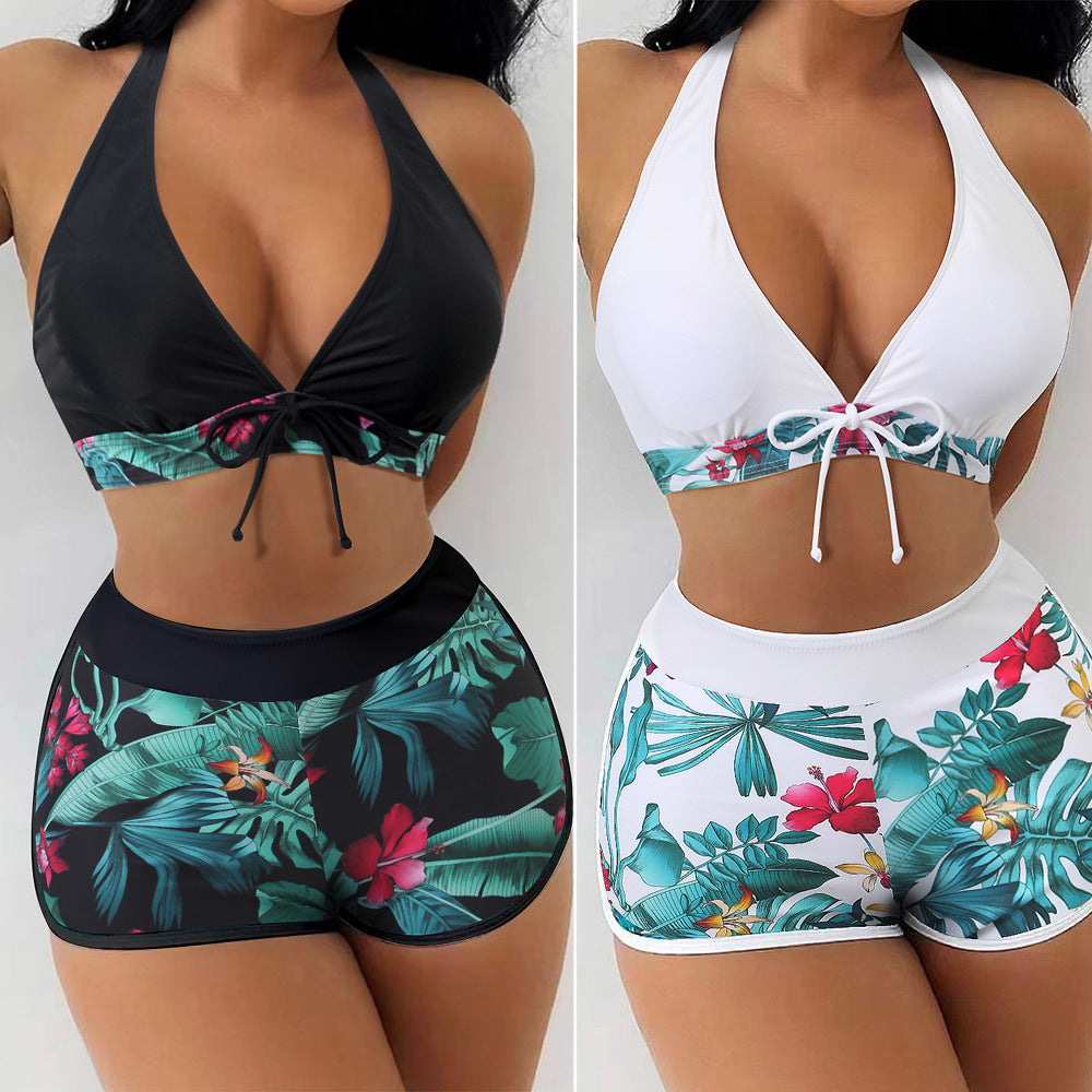 Dame Triangel-Bikini med blomsterdesign shorts