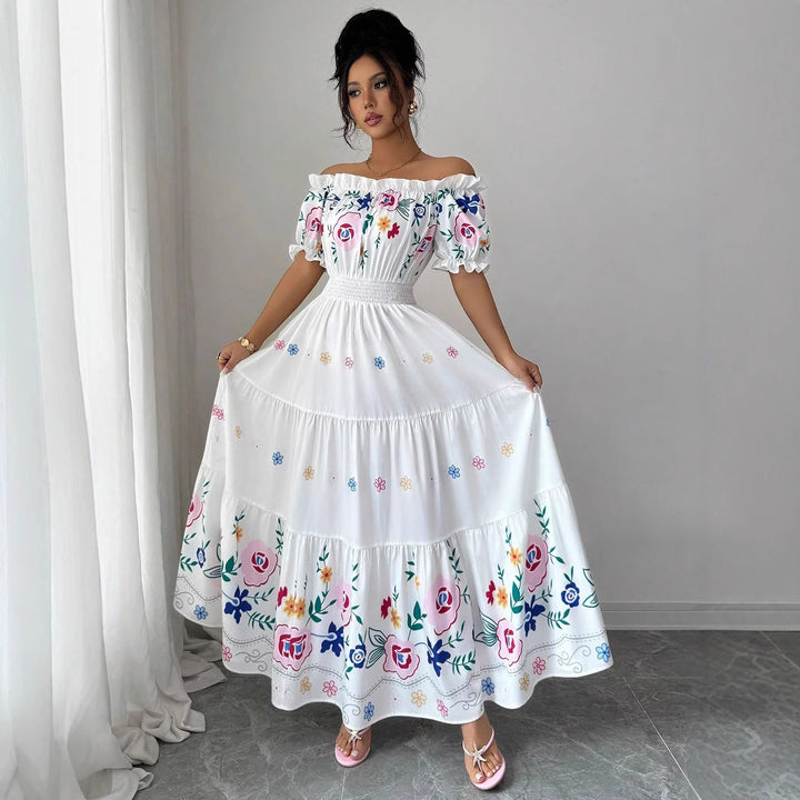 Dame Sommer Maxi-Kjole med romantiske blomsterbroderier og elastisk talje Stilla