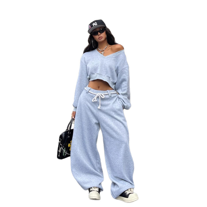 Kvindernes afslappede crop top og brede ben bukser sæt Skovae