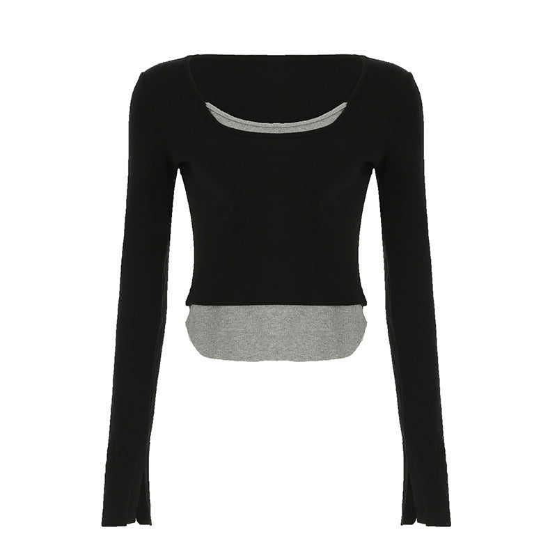 Dame Lange ærmet Crop-Top med dobbelt U-båd Halsudskæring og raffineret design Skovae