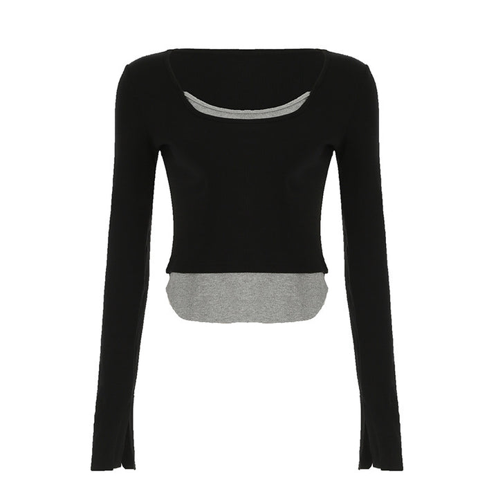 Dame Lange ærmet Crop-Top med dobbelt U-båd Halsudskæring og raffineret design Skovae