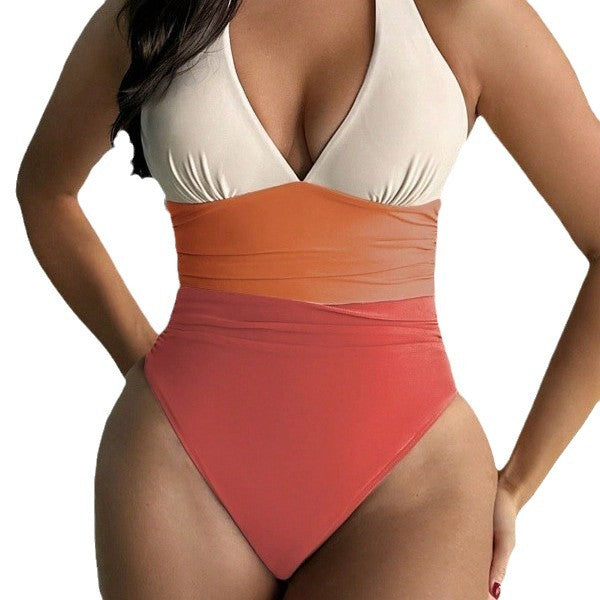 Dame High-Waist Badedragt med forførende V-udskæring og rynkning Stilla