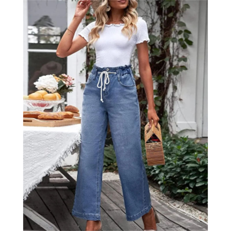 Dame brede jeans med elastisk talje og praktiske lommer Stilla