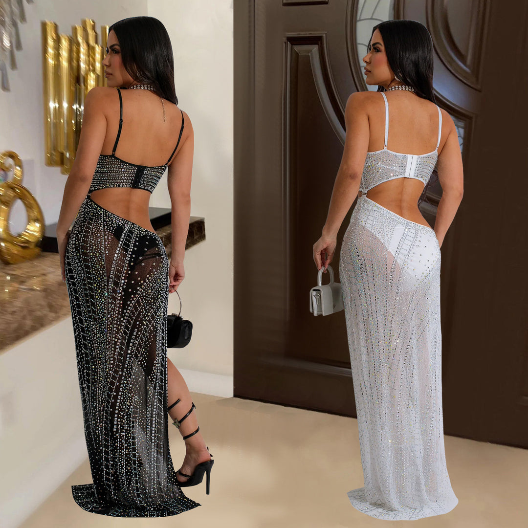 Dame glamourøs bodysuit med funkende strass dekorationer og gennemsigtig nederdel Stilla