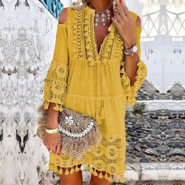 Dame Boho-tunika med spidsdetaljer og åbne skuldre Stilla