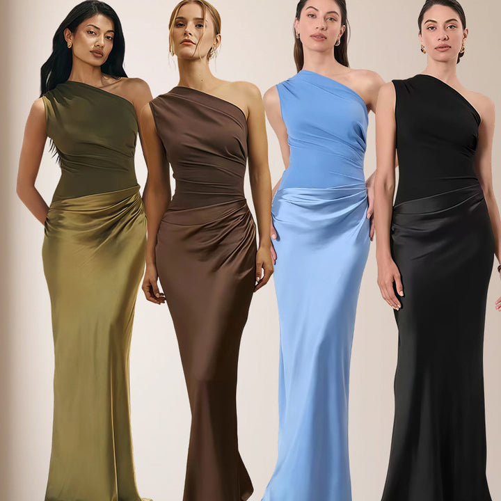 Dame elegante asymmetrisk aftenkjole med skinnende satin