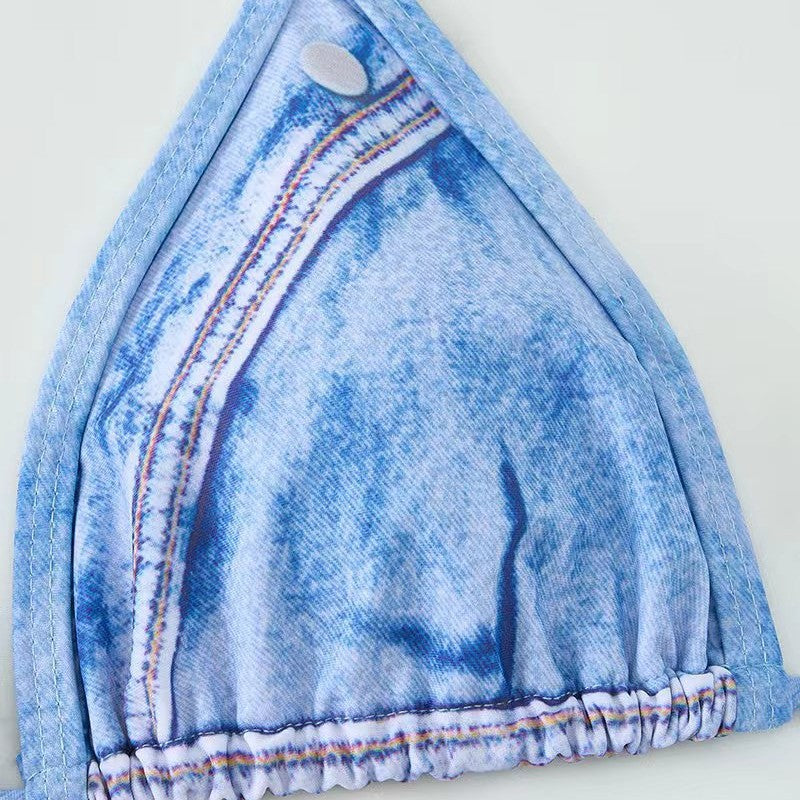 Dame triangel-bikini med jeans-look og flettede snorebånd Skovae