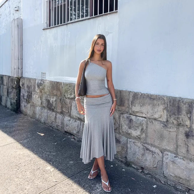 Dame Elegant One-Shoulder Kjole med flydende kant og rynkning Skovae