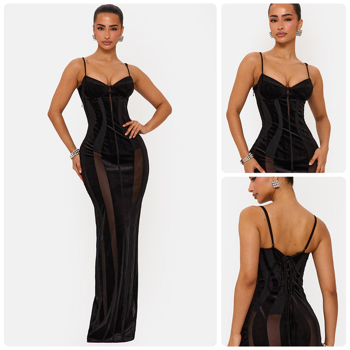 Kvinders Bodycon Kjole med sofistikeret korset top og gennemsigtige indsatser Skovae