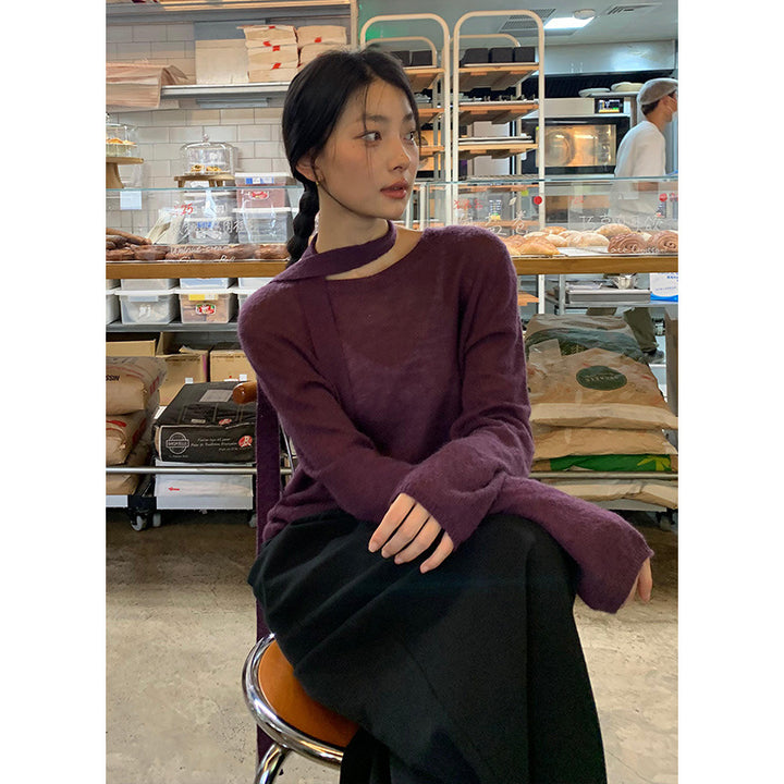 Dame elegant strikpullover med moderne slidsekrave og fin struktur Stilla