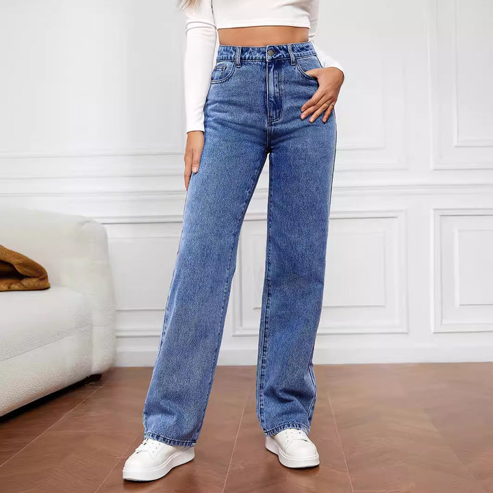 Kvinder Bred Skåret Høj Talje Jeans med Casual Look og Klassiske Lommer Stilla