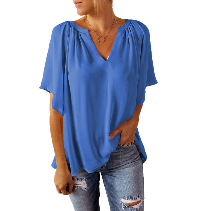 Dame elegant bluse med flydende V-udskæring og halvtransparent ærmer Stilla