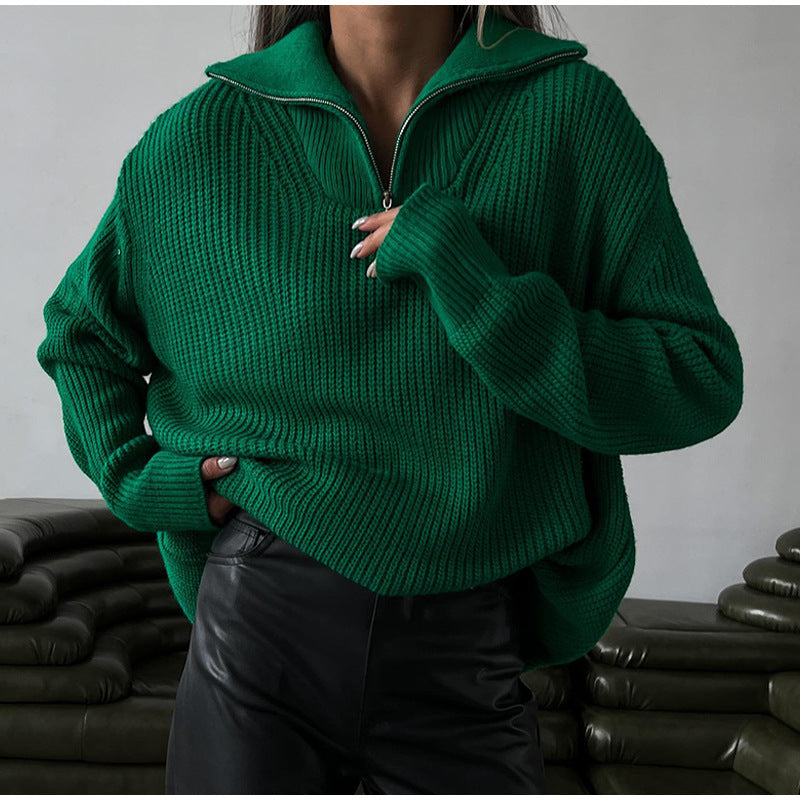 Kvindernes oversized strikket sweater med høj hals og lynlås Stilla