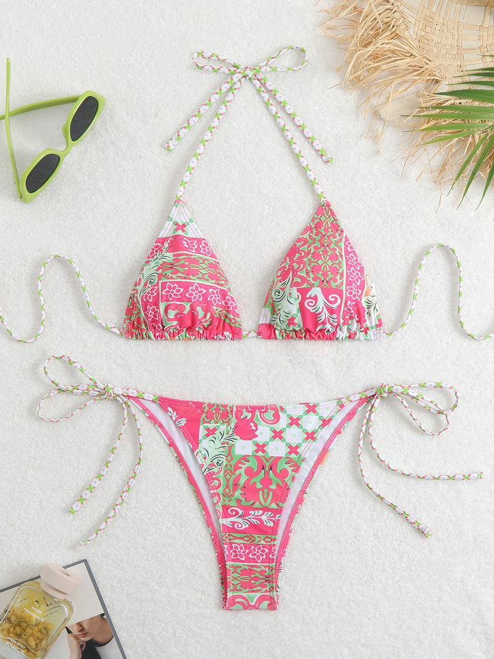 Dame Triangel-Bikini-Sæt med legesygt blomsterprint og fine bindebånd Skovae