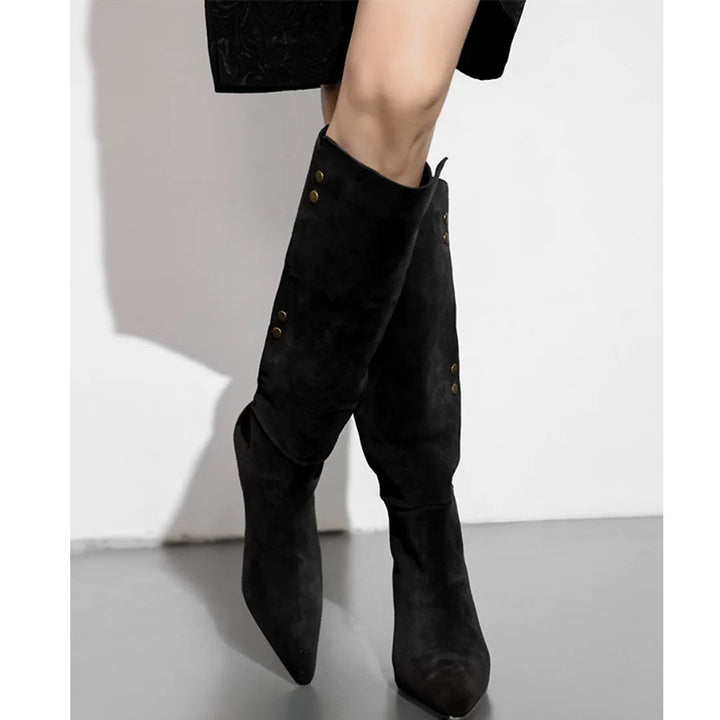 Femme Over-knæet Suede Spidse Stiletto Støvler med Dekorative Knapper Stilla