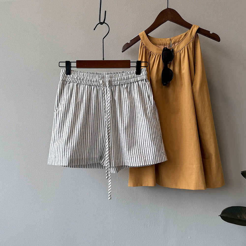 Dame stribede shorts med snor og elastisk talje Stilla