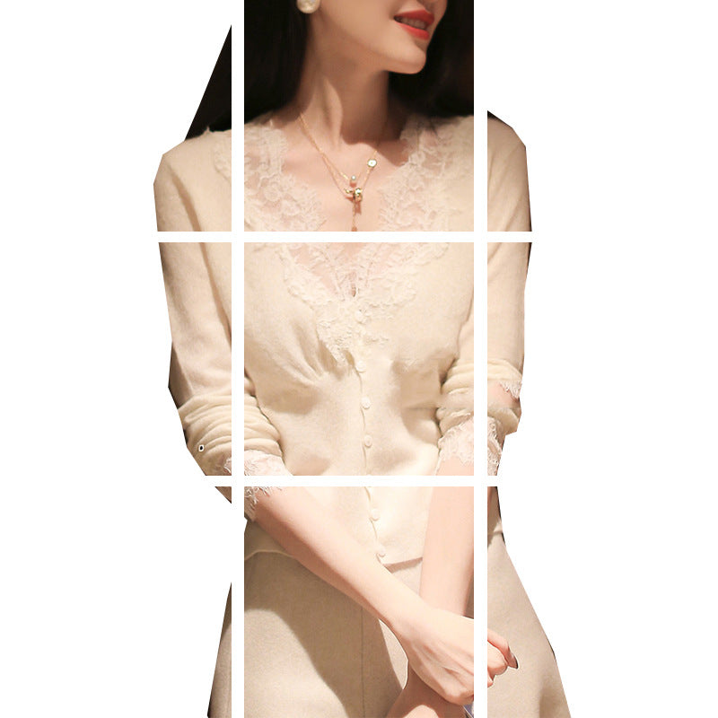 Dame elegant strikbluse med romantiske spidsdetaljer Stilla
