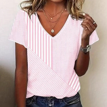 Dame nan striped V-neck blouse with asymmetric stripe mix and short sleeves Skovae