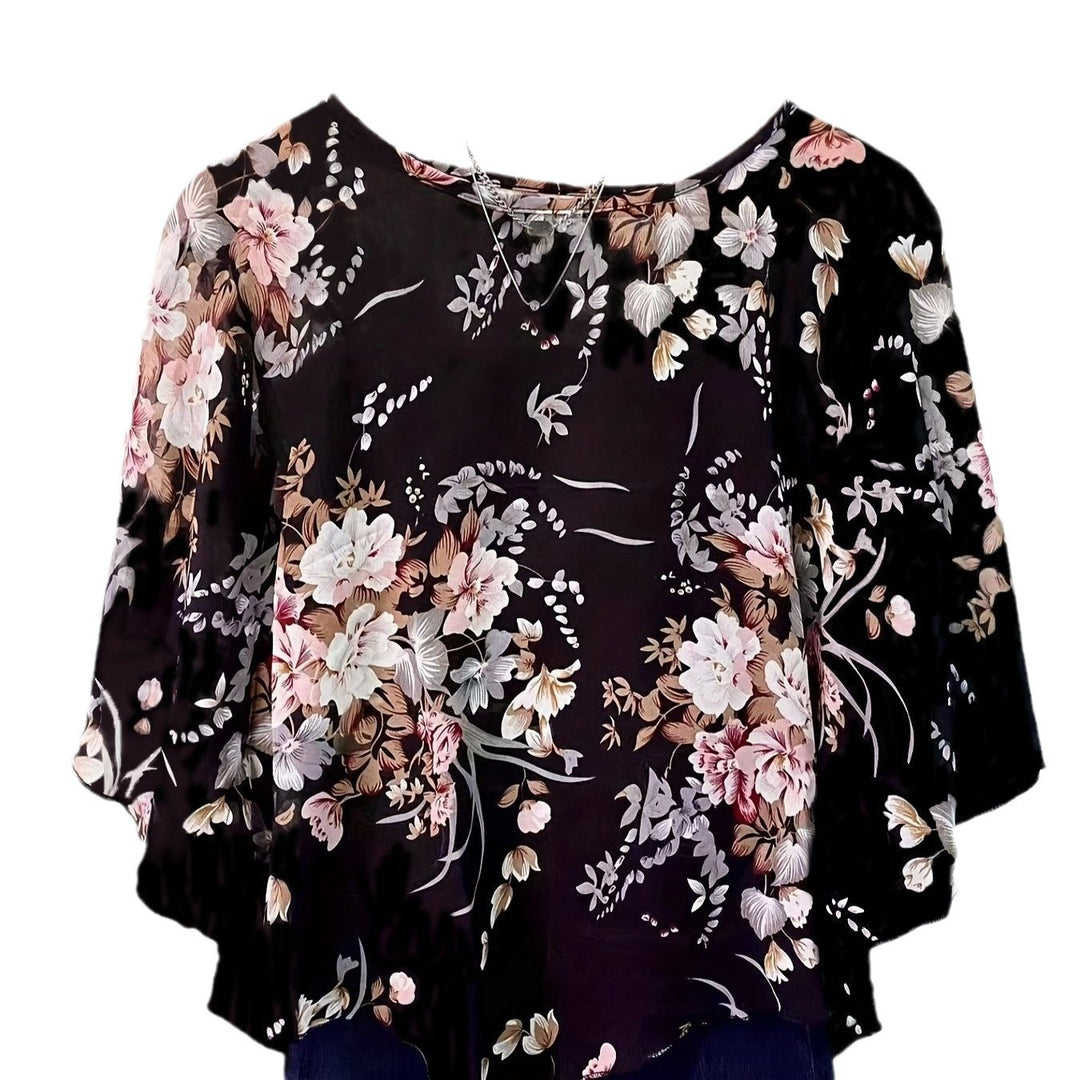 Dame Blusenshirt med vidt snit og blomsterdesign Stilla