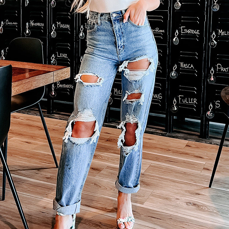 Dame z destroyed boyfriend jeans i en komfortabel pasform med høj talje Skovae