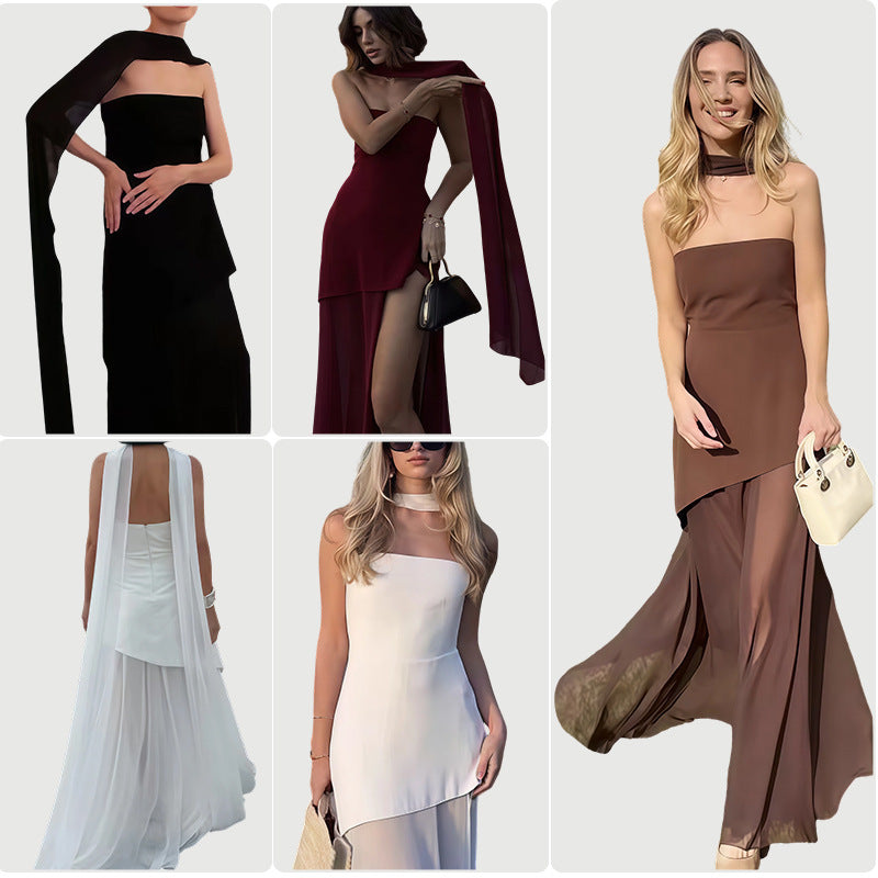 Dame elegante maxi kjole med asymmetrisk snit og stilfuld slids