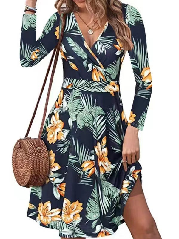 Femme Elegante Wrap kjole med lange ærmer og blomsterprint Stilla