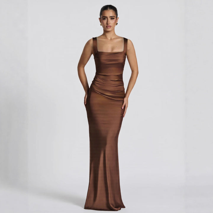 Dame Elegant Satin-Maxi-Kjole med figursamlende Design Skovae