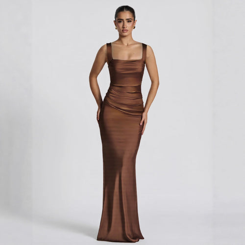 Dame Elegant Satin-Maxi-Kjole med figursamlende Design Skovae