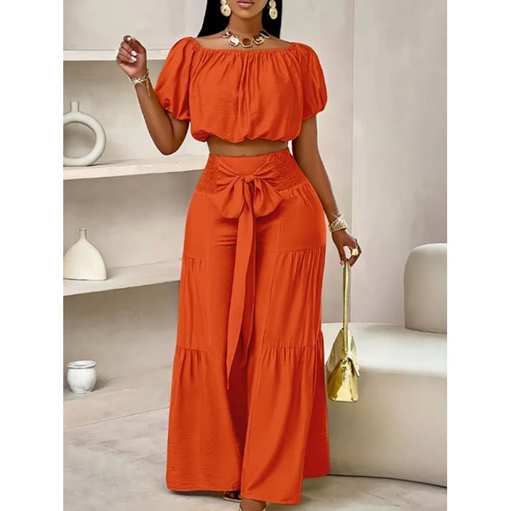 Dame stilfuld off-shoulder crop top og bred bukser sæt Stilla