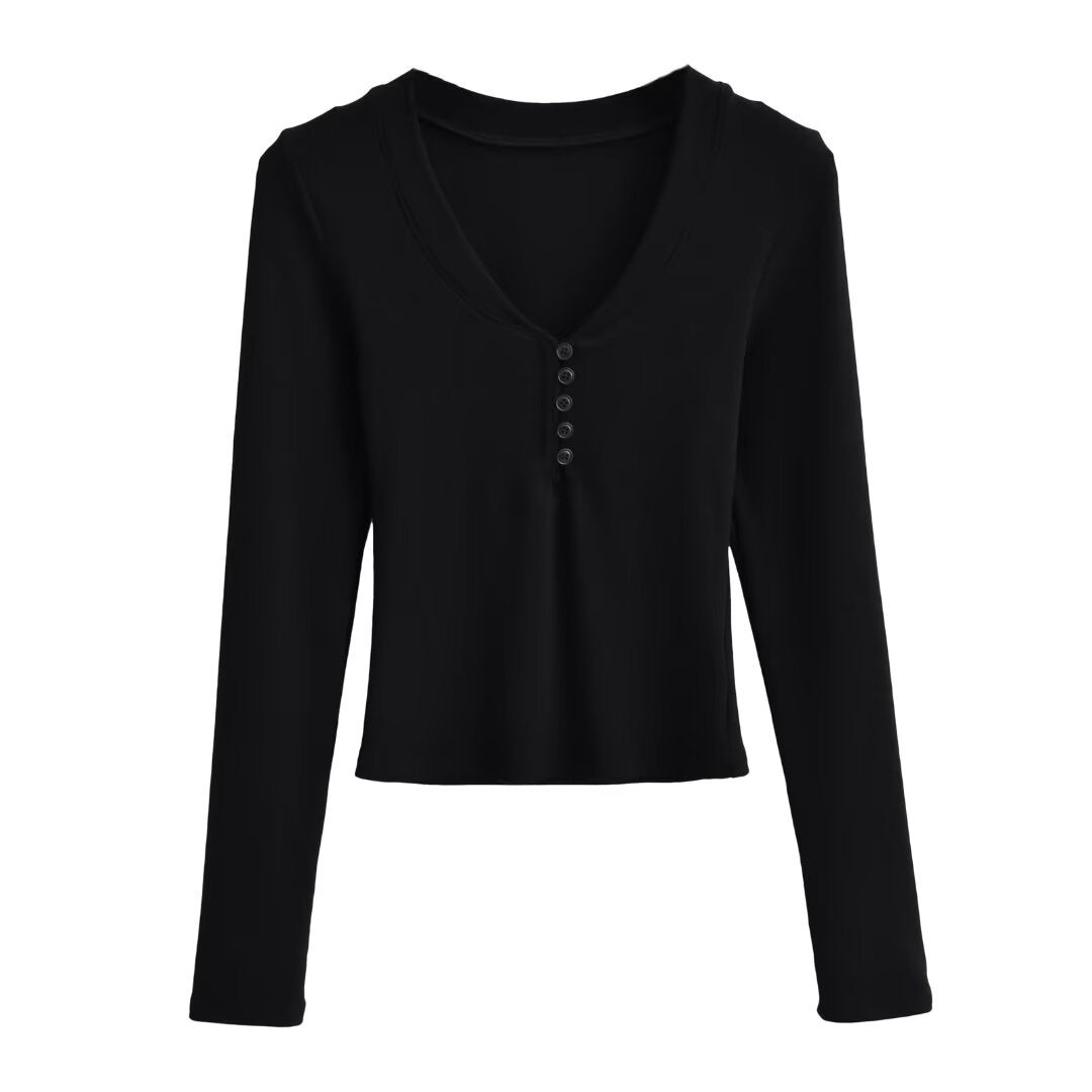 Dame Langærmet Henley T-shirt med elegant V-udskæring og fashionable knapdetalje Stilla
