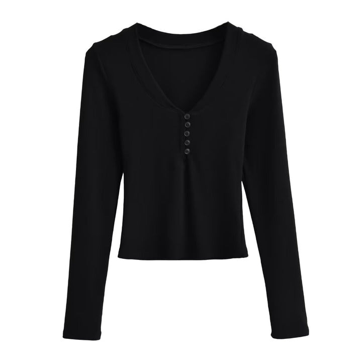Dame Langærmet Henley T-shirt med elegant V-udskæring og fashionable knapdetalje Stilla
